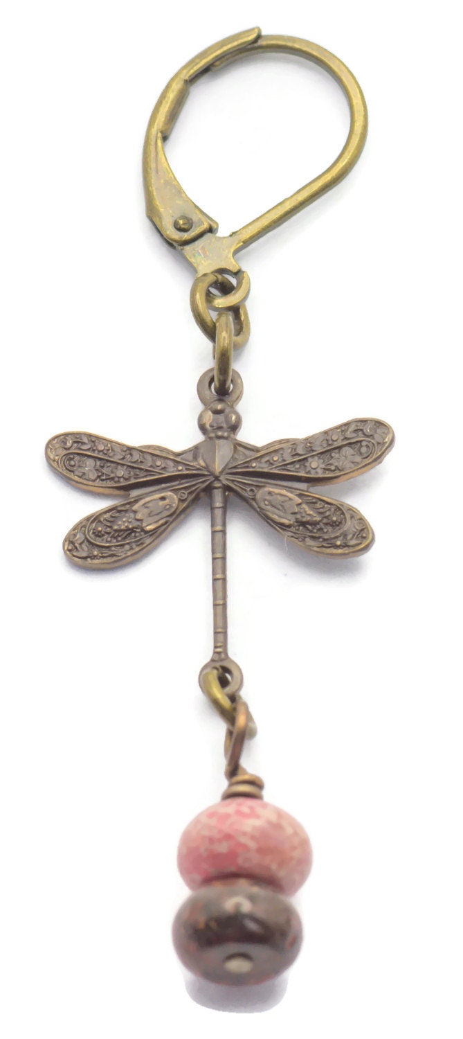 Vintaj Natural Brass Dragonfly and Fossil Coral Leverback Earrings