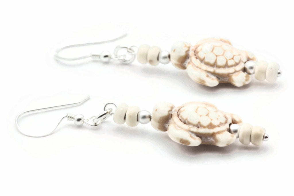 Turtle Sterling Silver Drop Earrings, White Stone, Summer Jewelry