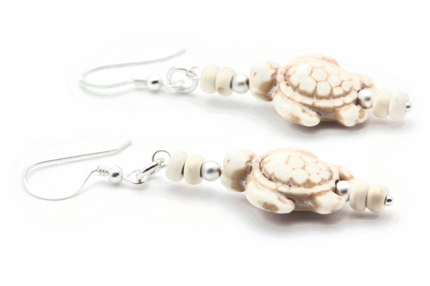 Turtle Sterling Silver Drop Earrings, White Stone, Summer Jewelry