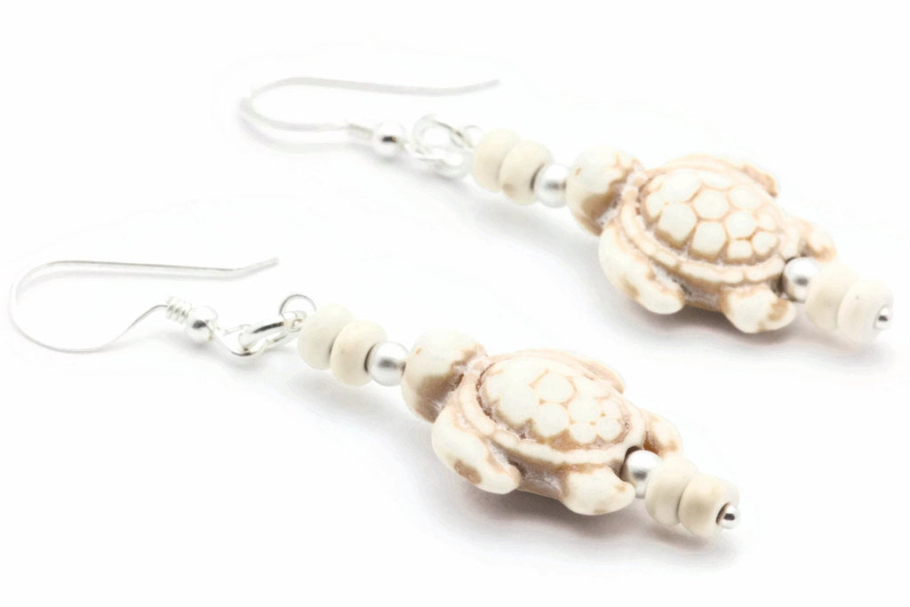 Turtle Sterling Silver Drop Earrings, White Stone, Summer Jewelry