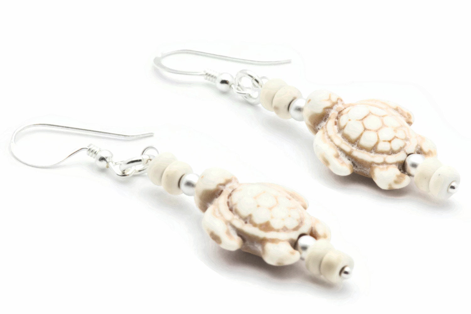 Turtle Sterling Silver Drop Earrings, White Stone, Summer Jewelry