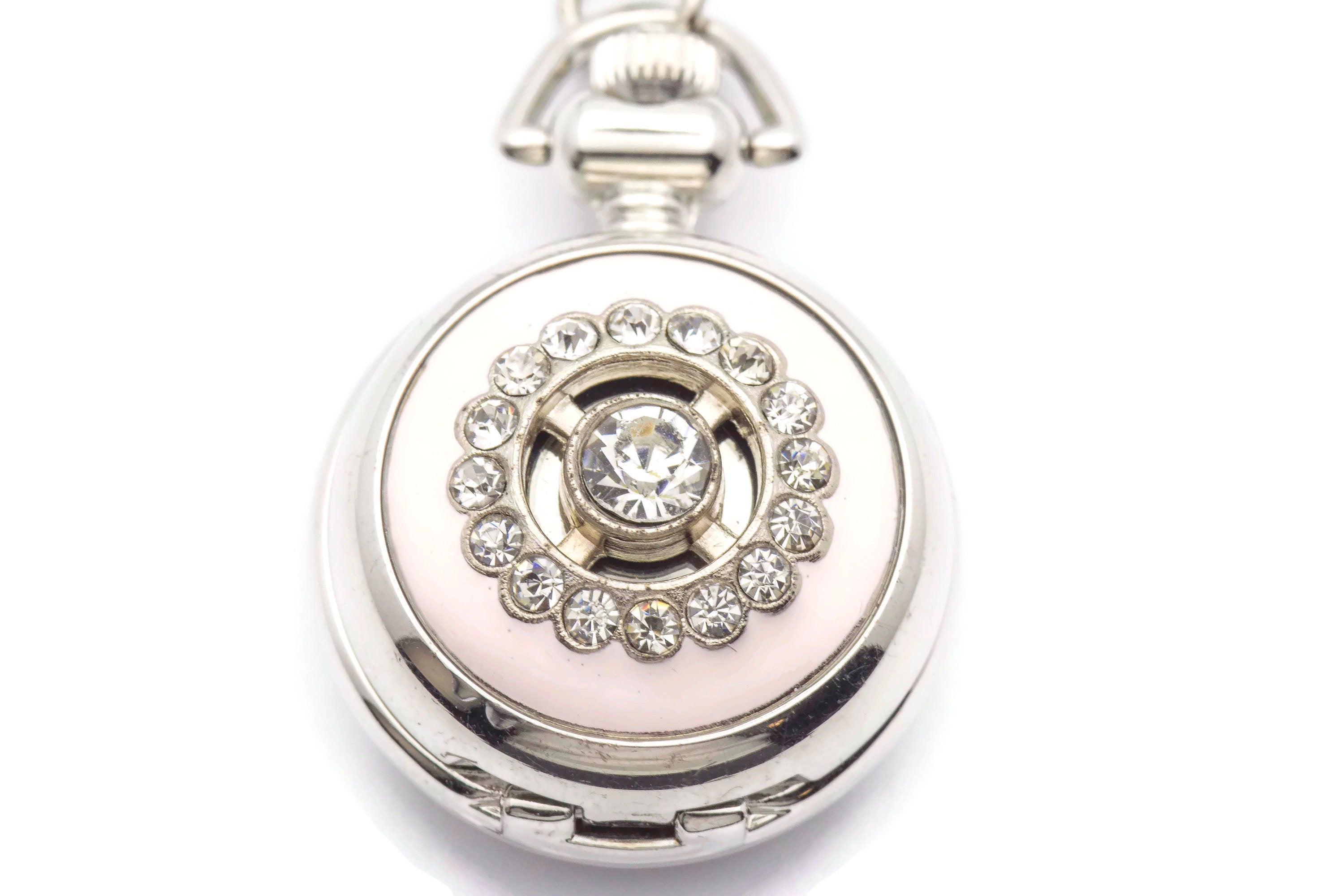 Pink Enamel Sundial, Silvertone Pocket Watch Necklace, Chain Necklace Watch, Long Necklace Watch, Watch Locket Necklace