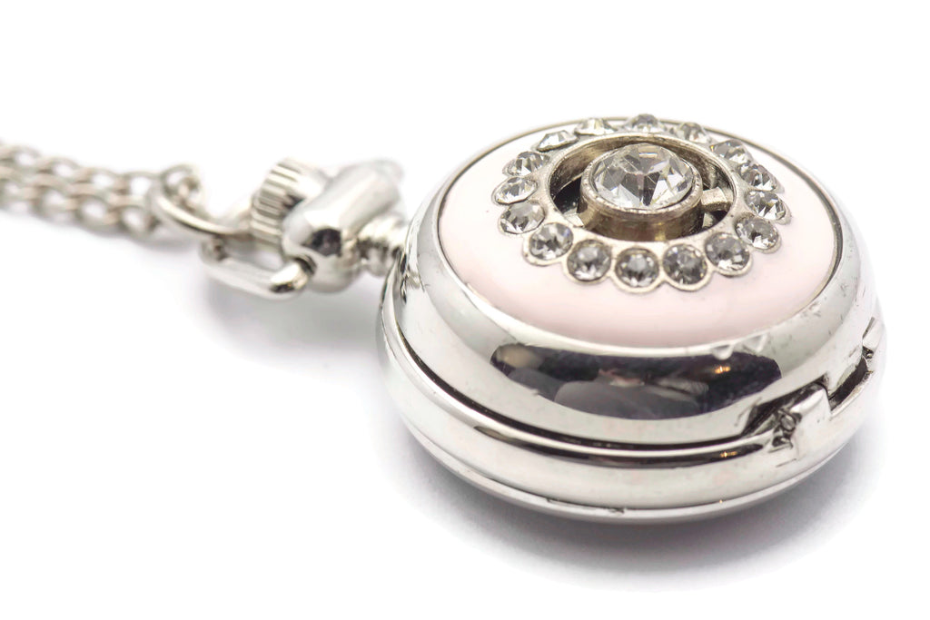 Pink Enamel Sundial, Silvertone Pocket Watch Necklace, Chain Necklace Watch, Long Necklace Watch, Watch Locket Necklace
