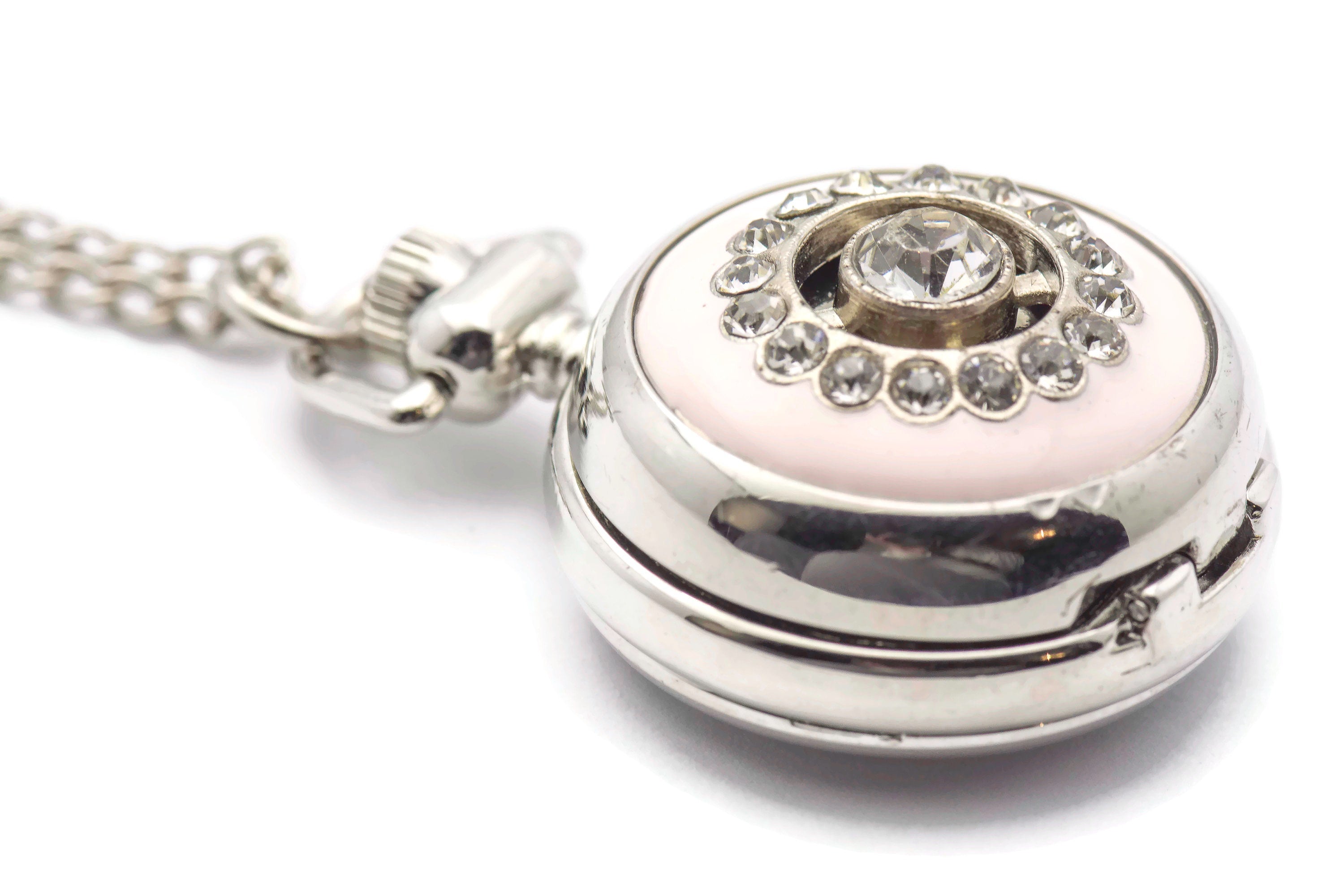 Pink Enamel Sundial, Silvertone Pocket Watch Necklace, Chain Necklace Watch, Long Necklace Watch, Watch Locket Necklace