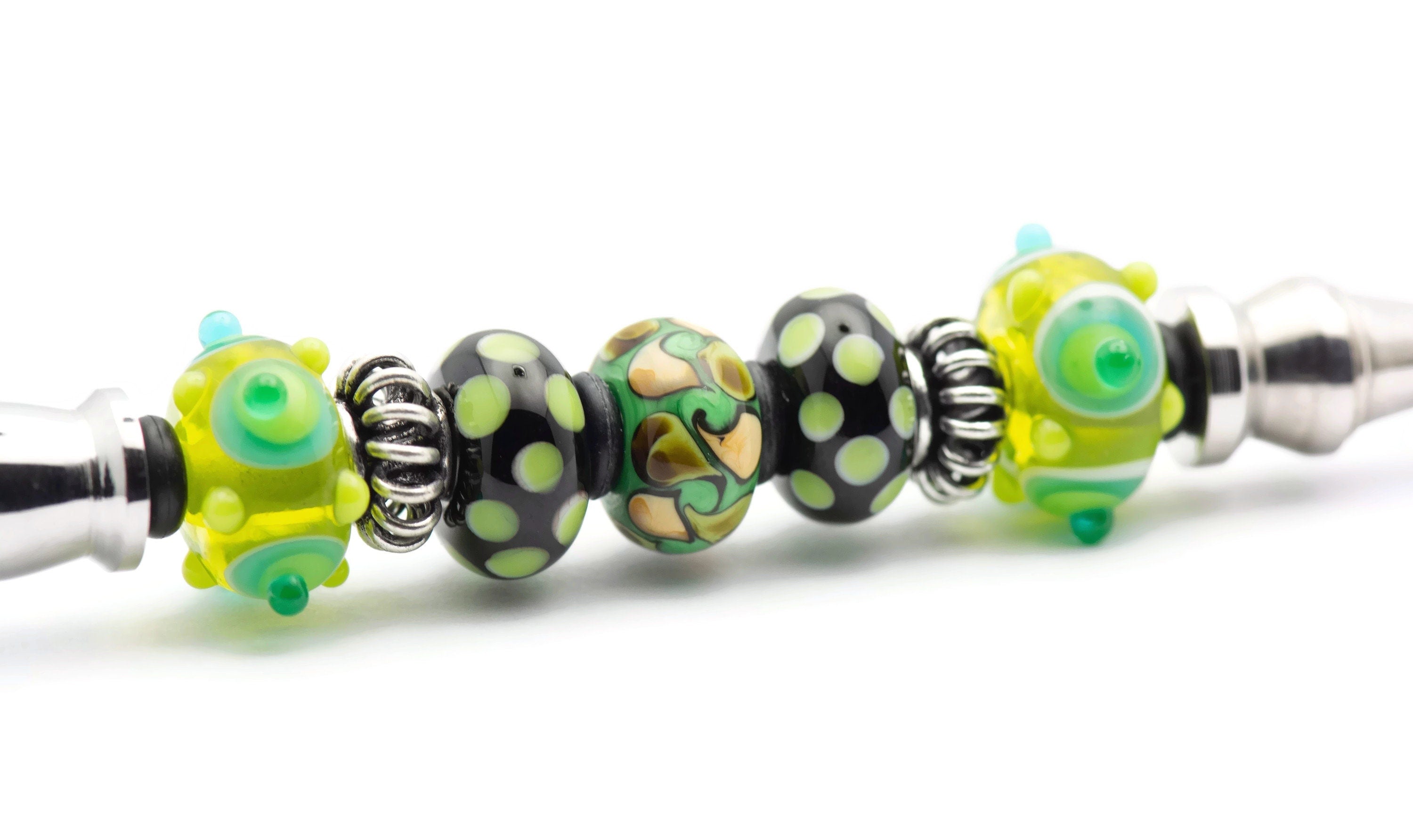 Green Dotted Glass Beaded Silver Letter Opener • Paper Knife • Desk Accessory