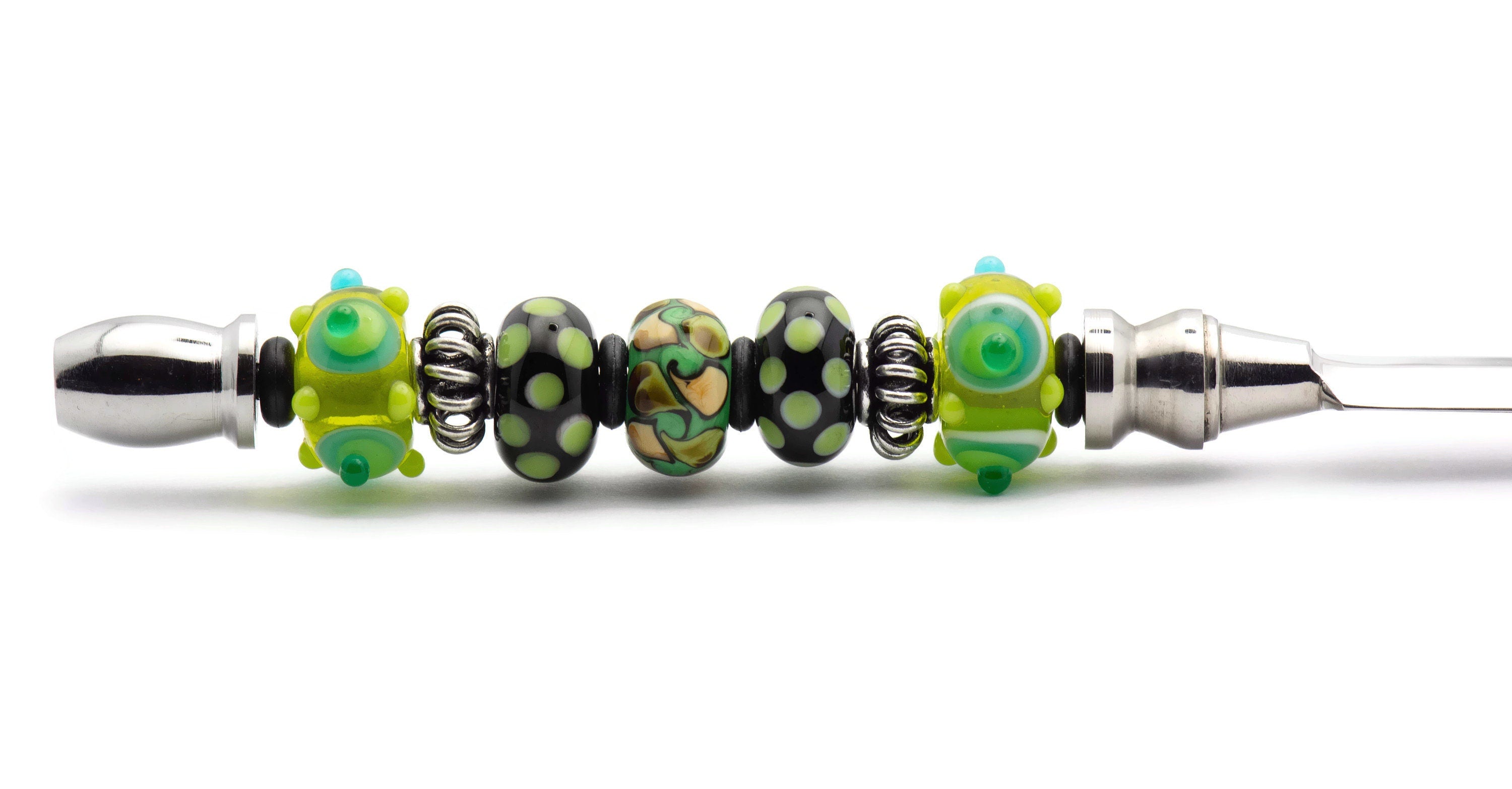 Green Dotted Glass Beaded Silver Letter Opener • Paper Knife • Desk Accessory