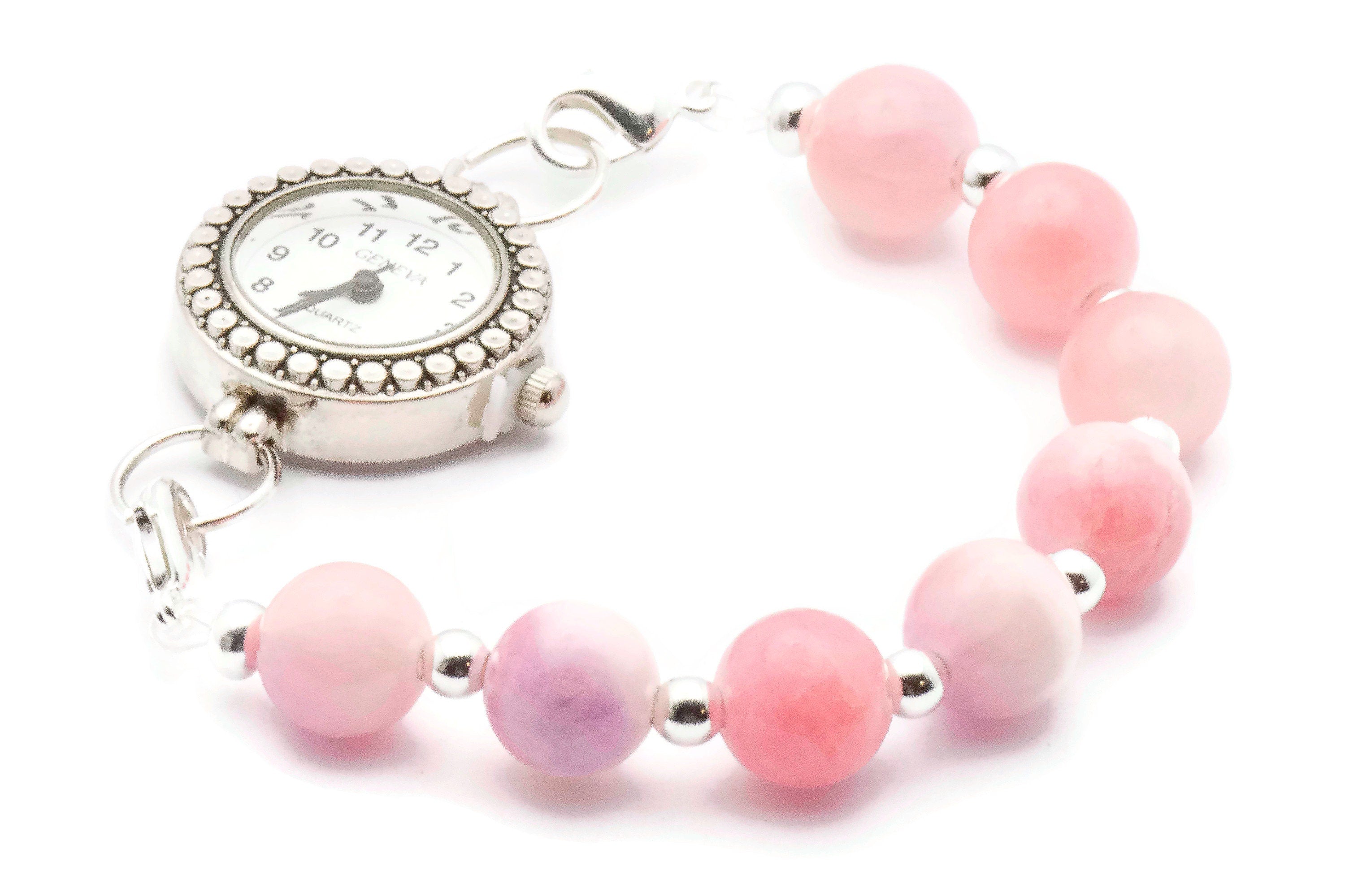 Pink Stone Beaded Bracelet Watch Band • Medical ID Bracelet • Handmade Watch Band • Stretch Watch Band