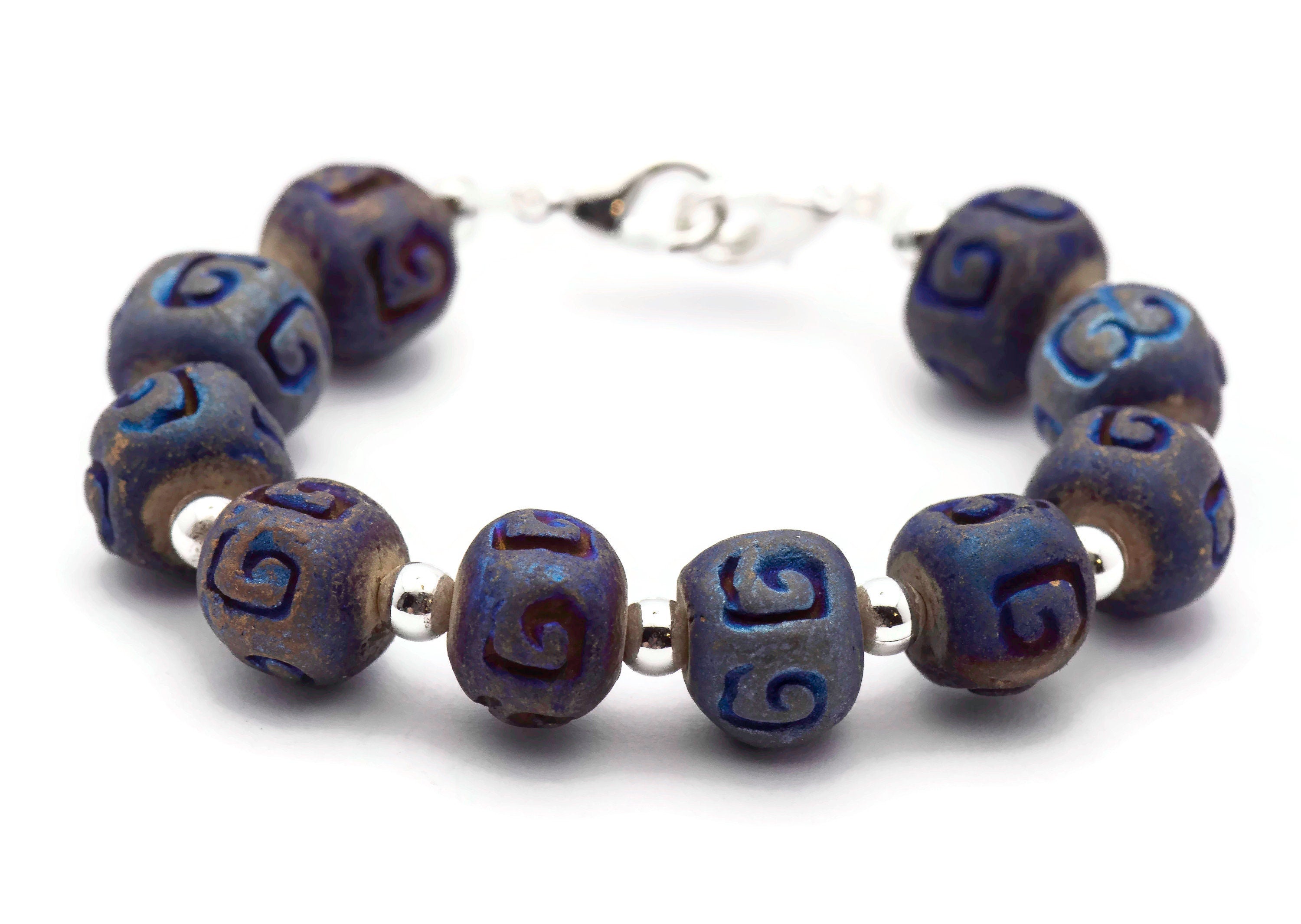 Metallic Blue Ceramic Stretch Interchangeable Beaded Bracelet Watch Band • Medical ID Bracelet • Women's Watch Band