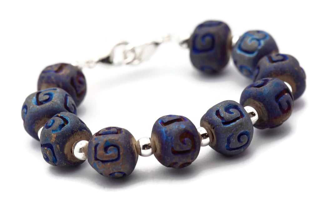 Metallic Blue Ceramic Stretch Interchangeable Beaded Bracelet Watch Band • Medical ID Bracelet • Women's Watch Band