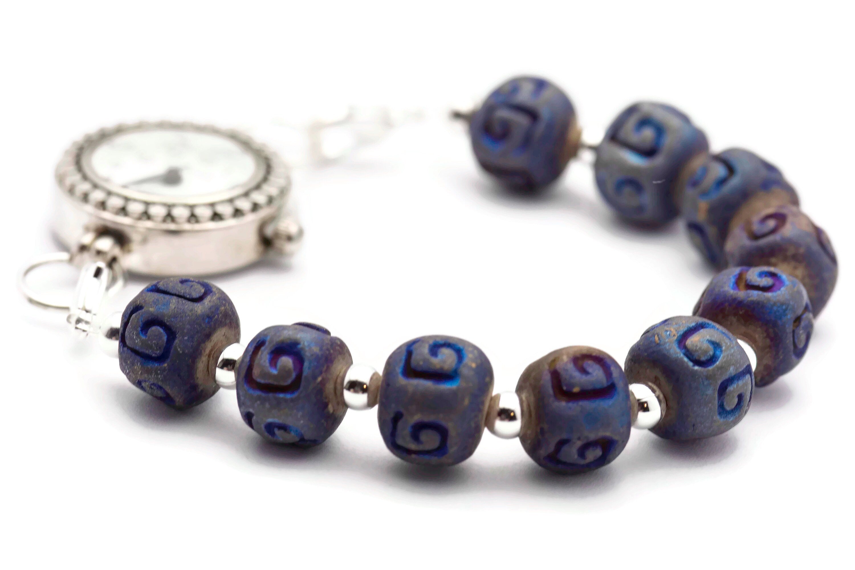 Metallic Blue Ceramic Stretch Interchangeable Beaded Bracelet Watch Band • Medical ID Bracelet • Women's Watch Band