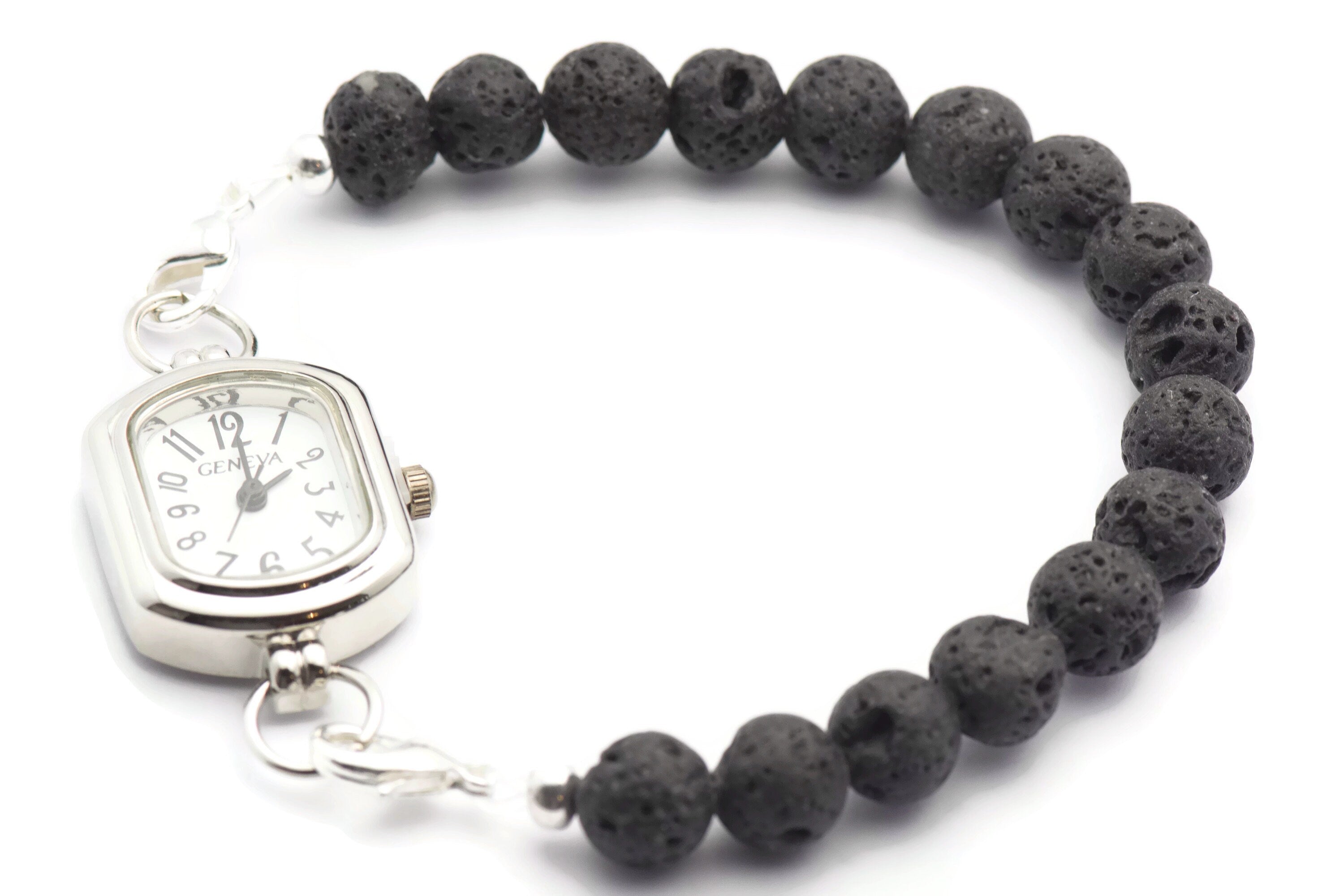 Black Lava Rounds Watch Band • Medical ID Bracelet • Handmade Watch Band • Stretch Watch Band • Essential Oil Jewelry