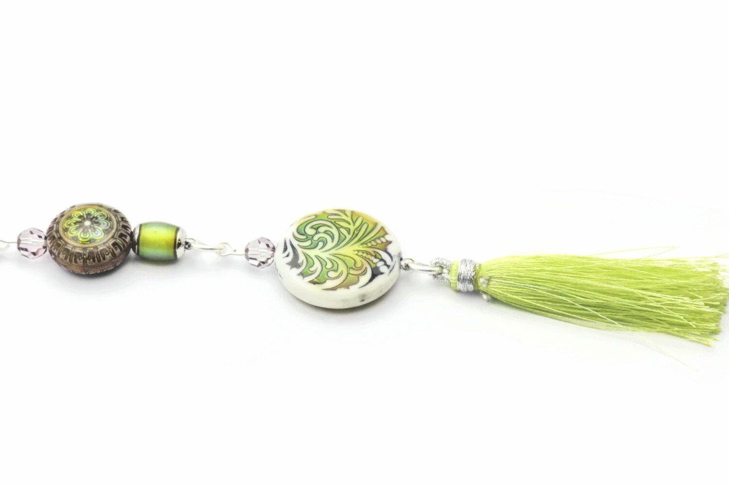 Lime Tassel Necklace, Mood Bead, Tassel Necklace, Long