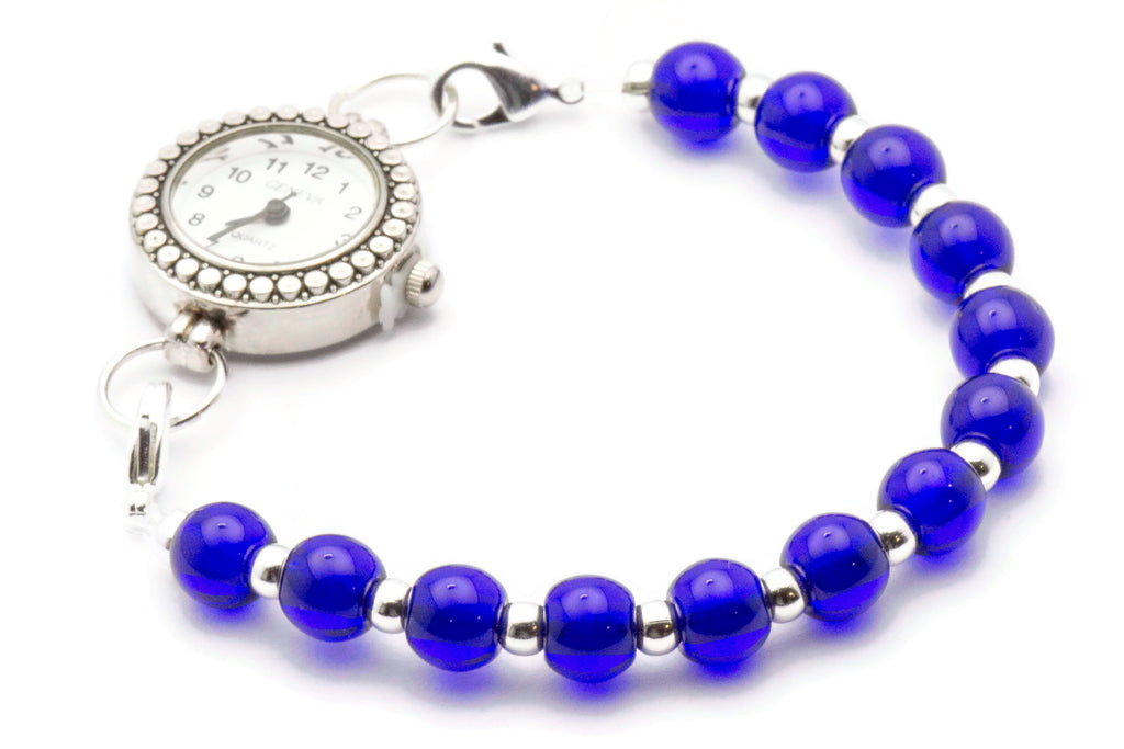 Royal Blue Glass Beaded Bracelet Watch Band • Medical ID Bracelet • Handmade Watch Band • Stretch Watch Band