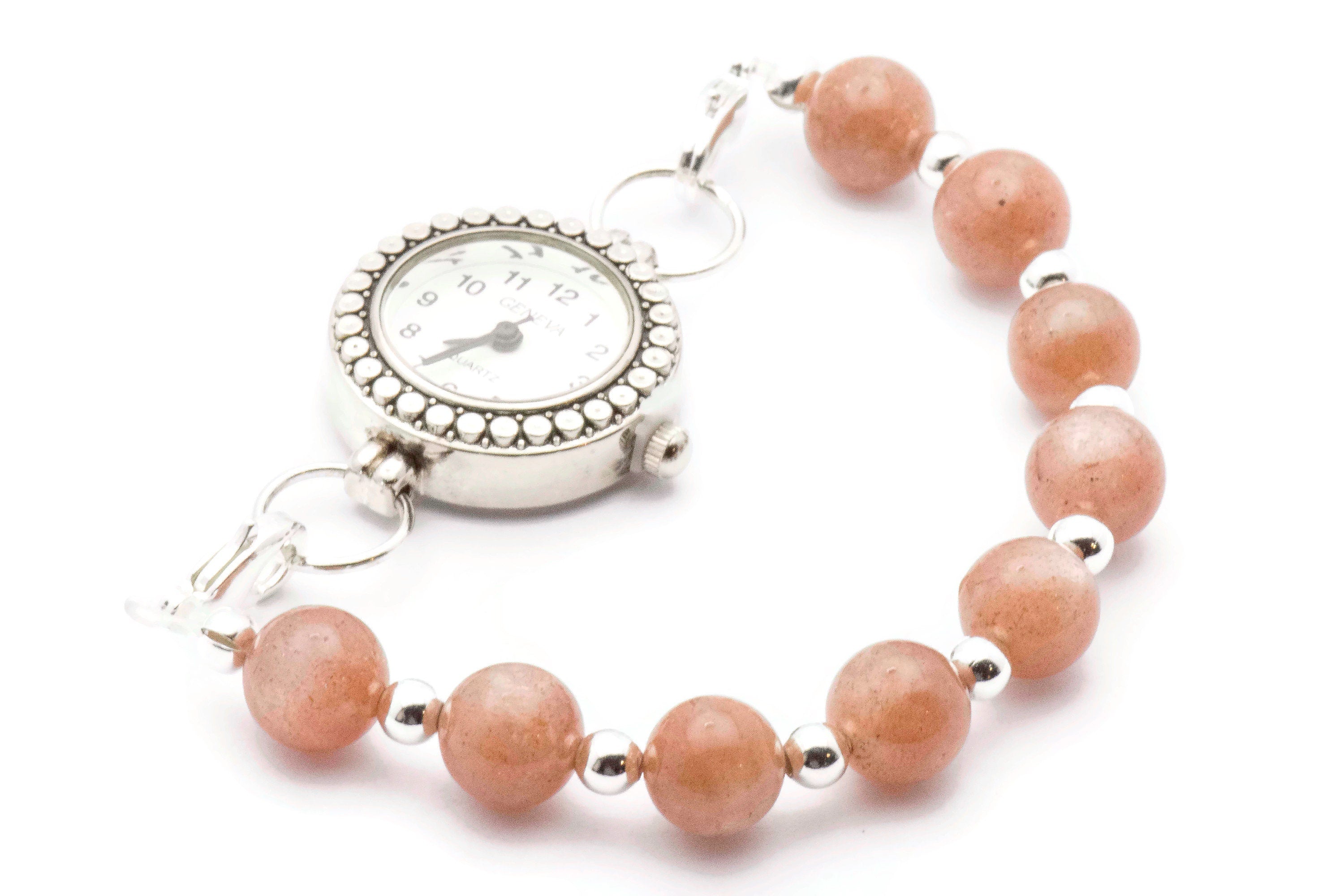 Peach Moonstone Beaded Bracelet Watch Band • Medical ID Bracelet • Handmade Watch Band • Gemstone Stretch Watch Band