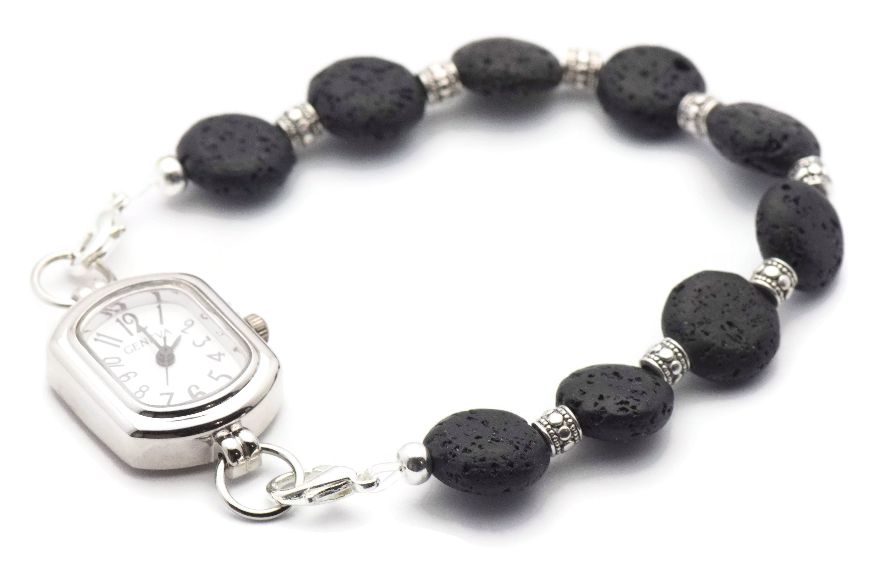 Black Lava Coin Watch Band • Medical ID Bracelet • Handmade Watch Band • Stretch Watch Band