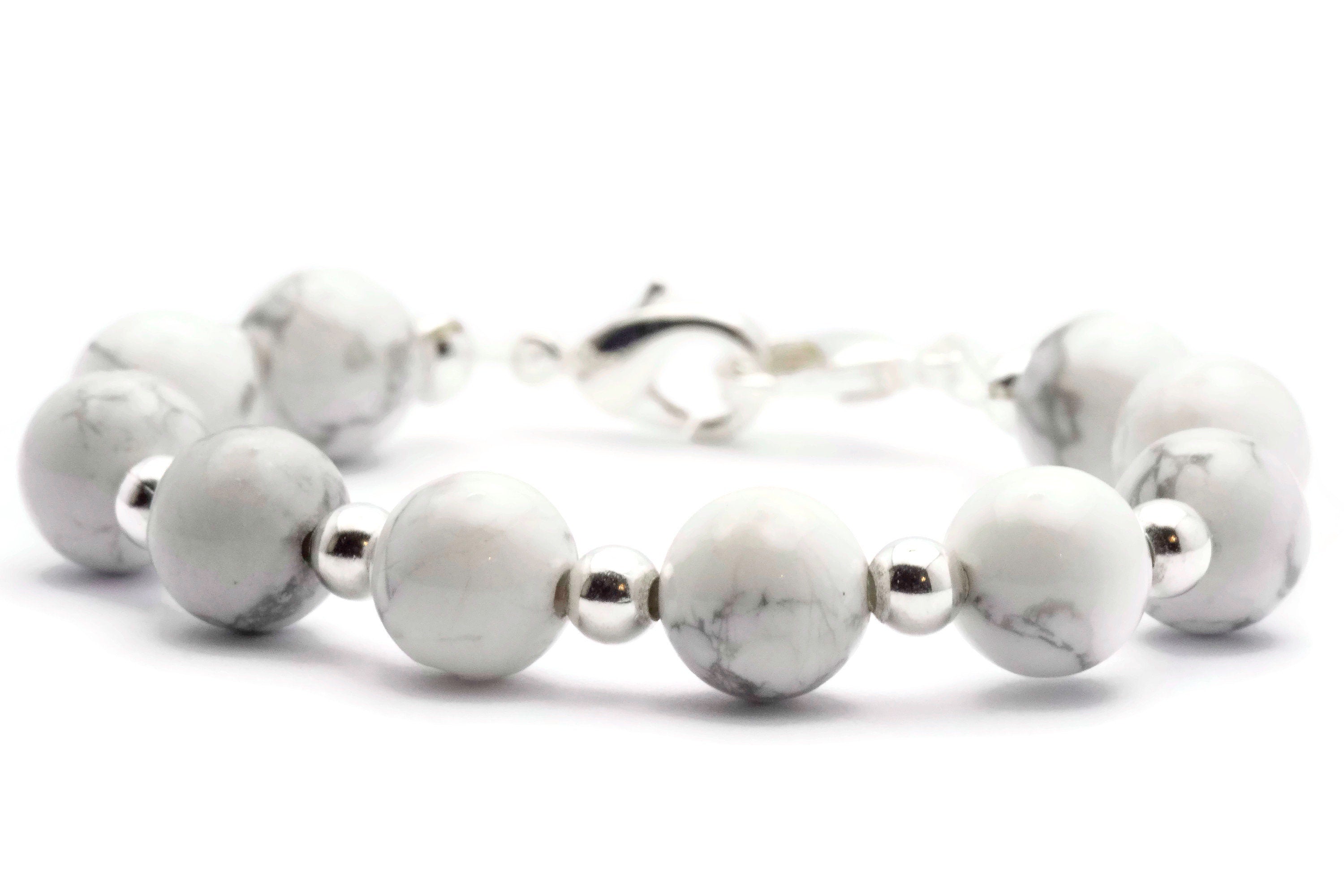 White Howlite Beaded Bracelet Watch Band, Medical ID Bracelet • Handmade Gemstone Watch Band • Stretch Watch Band