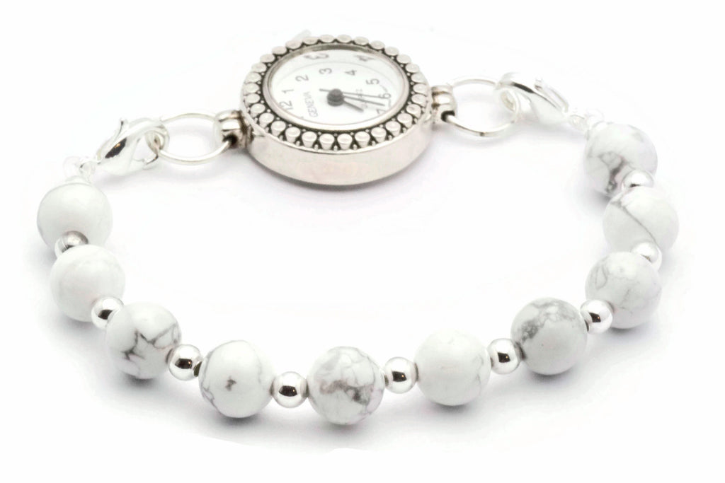 White Howlite Beaded Bracelet Watch Band, Medical ID Bracelet • Handmade Gemstone Watch Band • Stretch Watch Band
