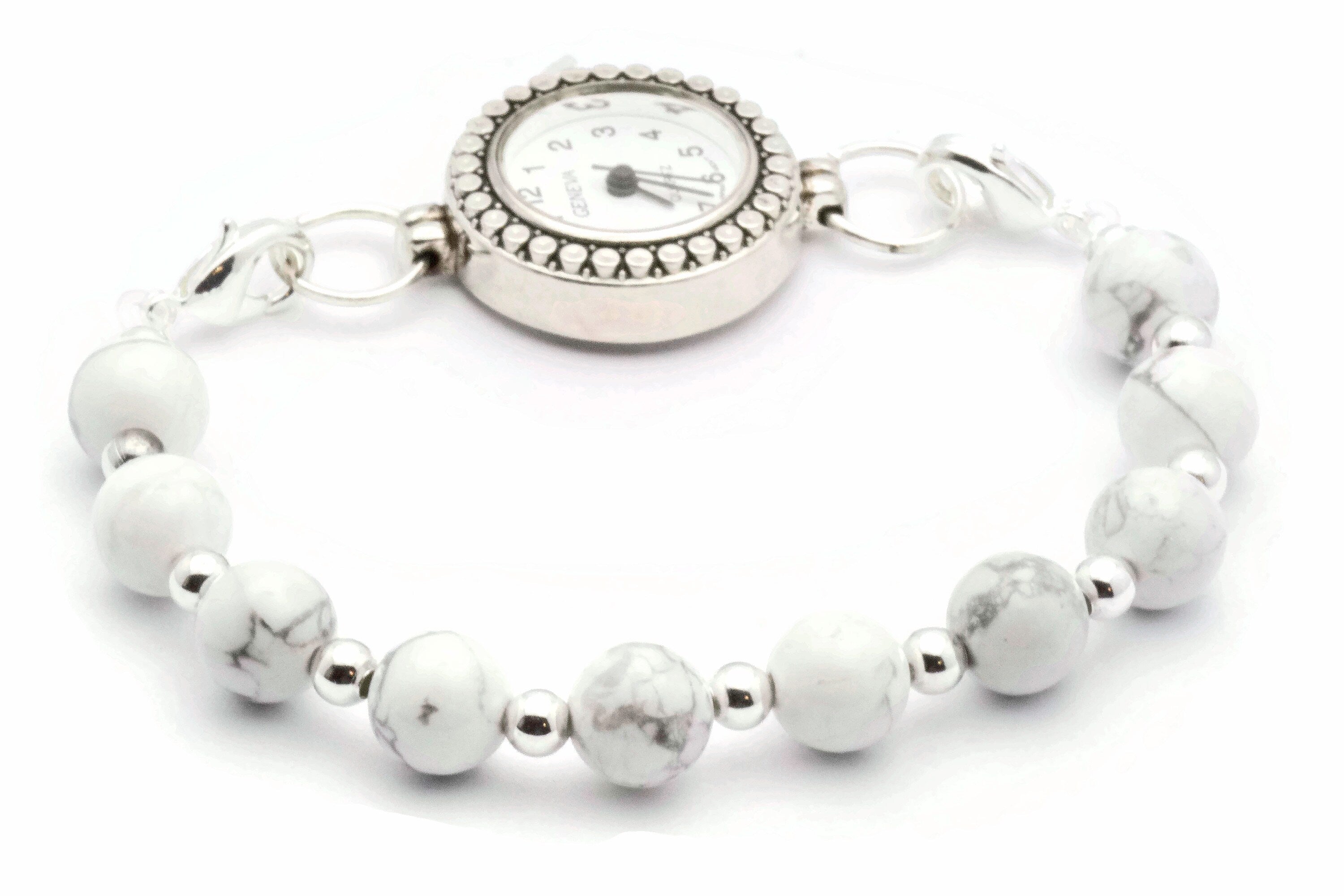White Howlite Beaded Bracelet Watch Band, Medical ID Bracelet • Handmade Gemstone Watch Band • Stretch Watch Band