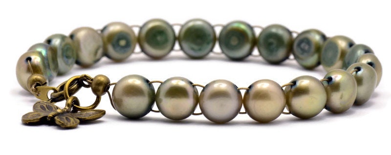 Brass Butterfly Bracelet, Freshwater Pearl Beaded Bracelet, Olive Pearl Bracelet, Pearl Bracelet Band, Butterfly Bracelet