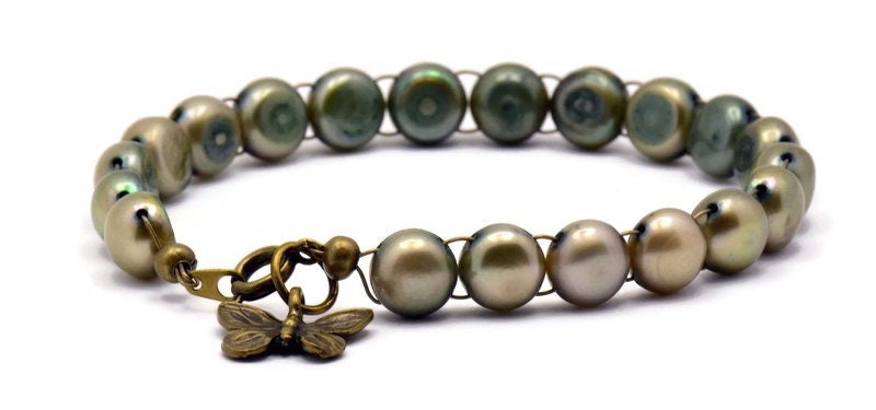 Brass Butterfly Bracelet, Freshwater Pearl Beaded Bracelet, Olive Pearl Bracelet, Pearl Bracelet Band, Butterfly Bracelet