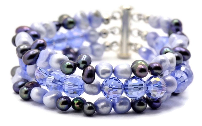 Clear Skies Freshwater Pearl and Crystal Multi Strand Silver Plated Beaded Bracelet