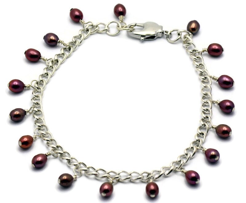 Berries Freshwater Pearl Dangle Silver Plated Chain Bracelet