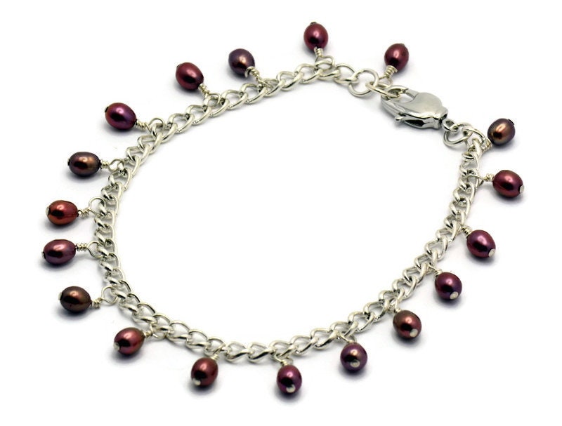 Berries Freshwater Pearl Dangle Silver Plated Chain Bracelet