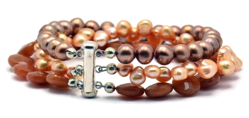 Gingerbread Freshwater Pearl and Red Aventurine Multi Strand Sterling Silver Beaded Bracelet