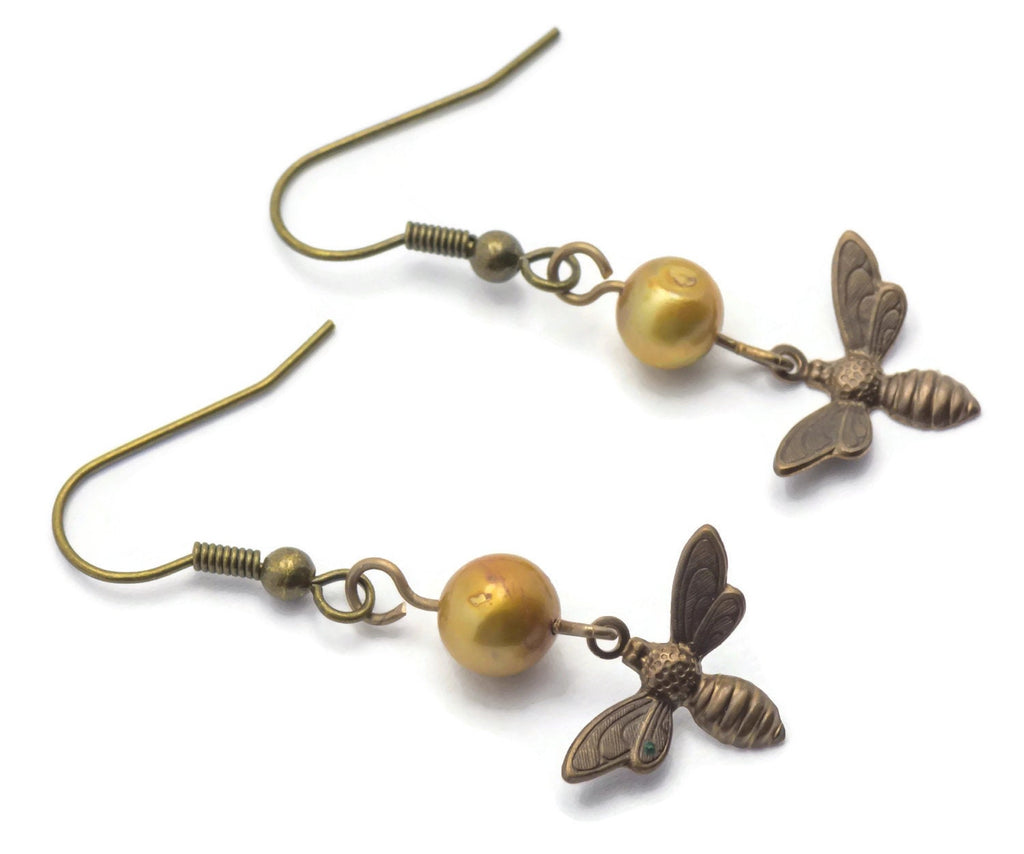 Honey Bee Earrings, Bee Earrings, Women Insect Jewelry, Freshwater Pearl Earrings, Wife Earrings Gift