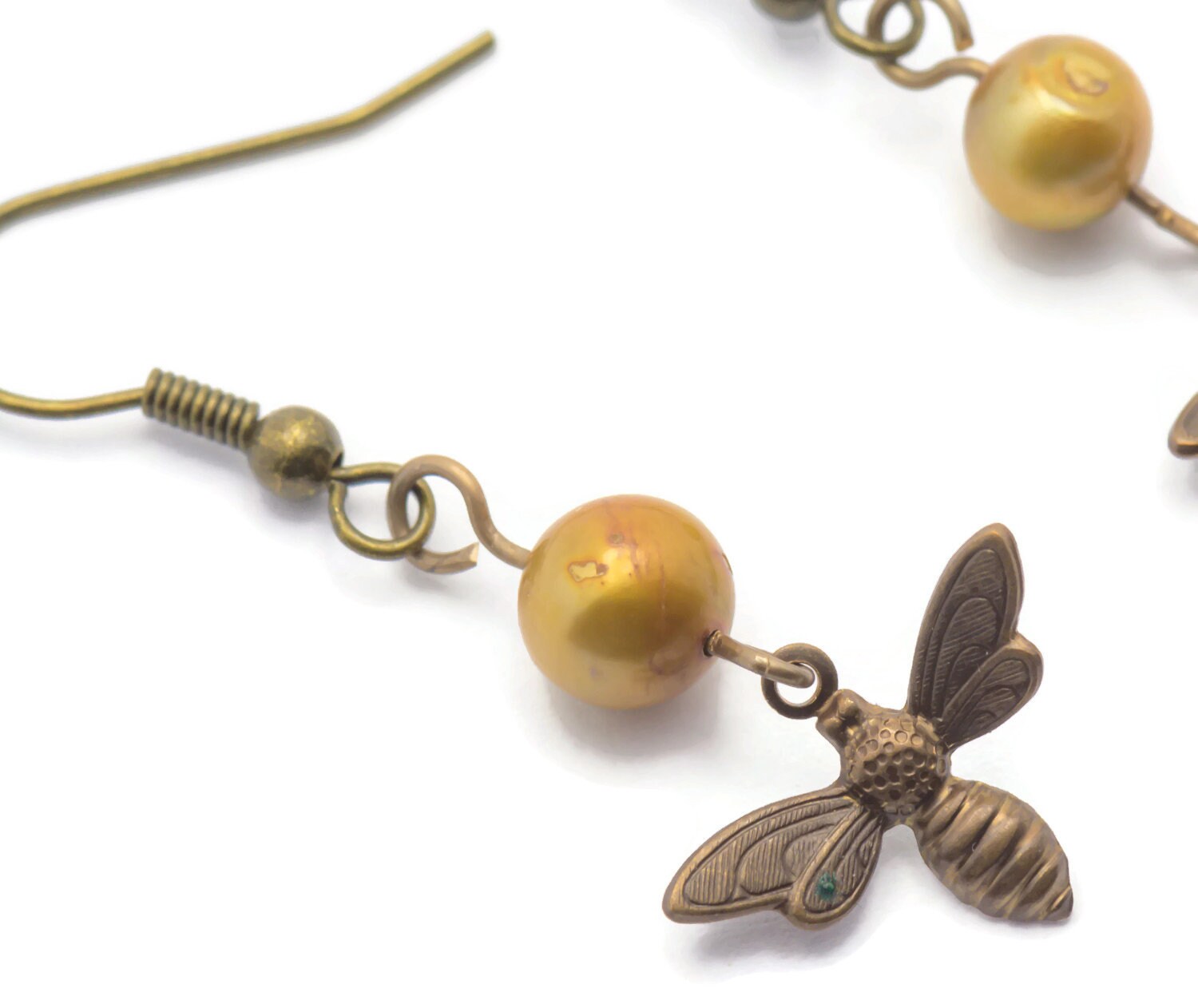 Honey Bee Earrings, Bee Earrings, Women Insect Jewelry, Freshwater Pearl Earrings, Wife Earrings Gift