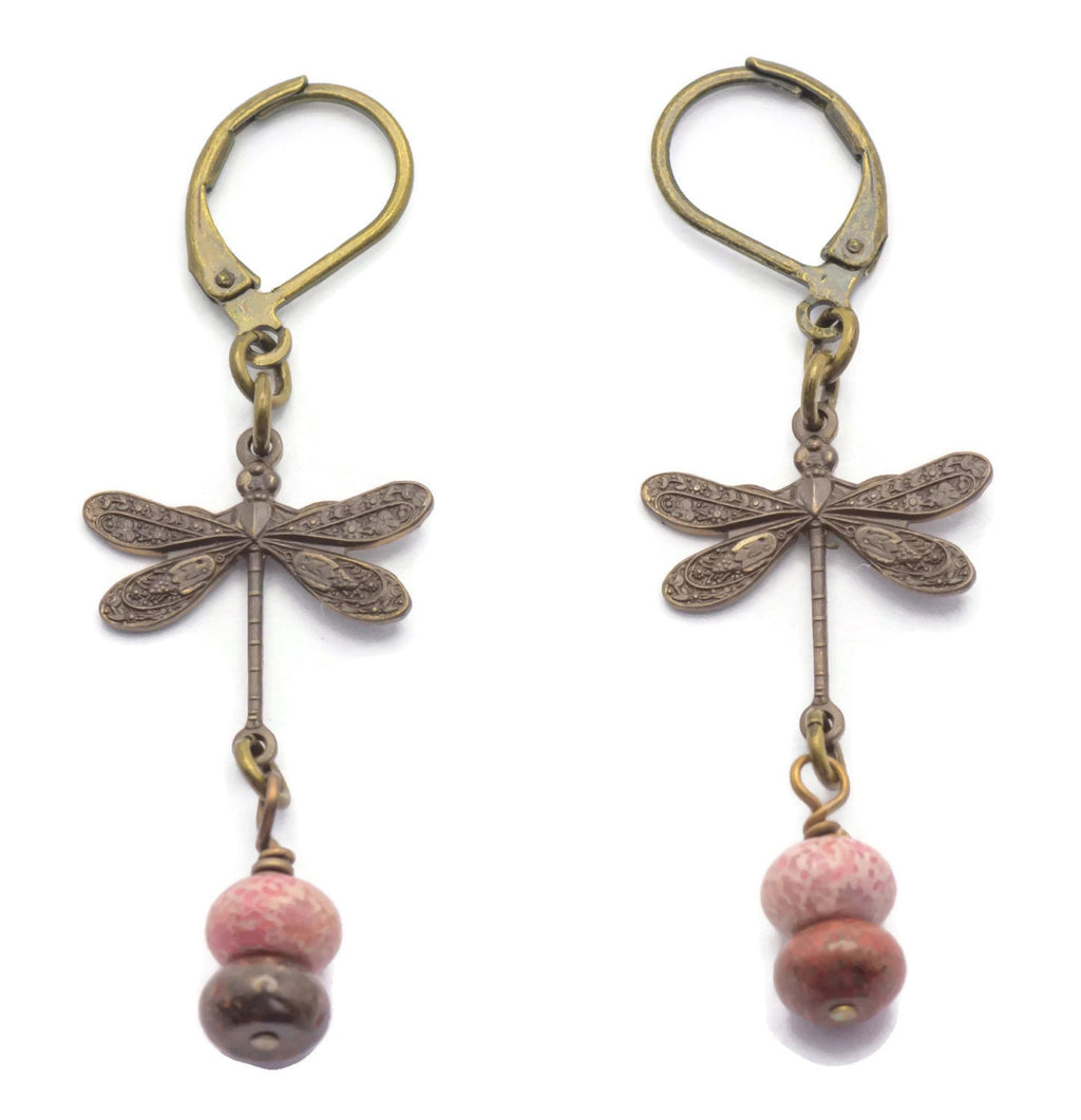 Vintaj Natural Brass Dragonfly and Fossil Coral Leverback Earrings