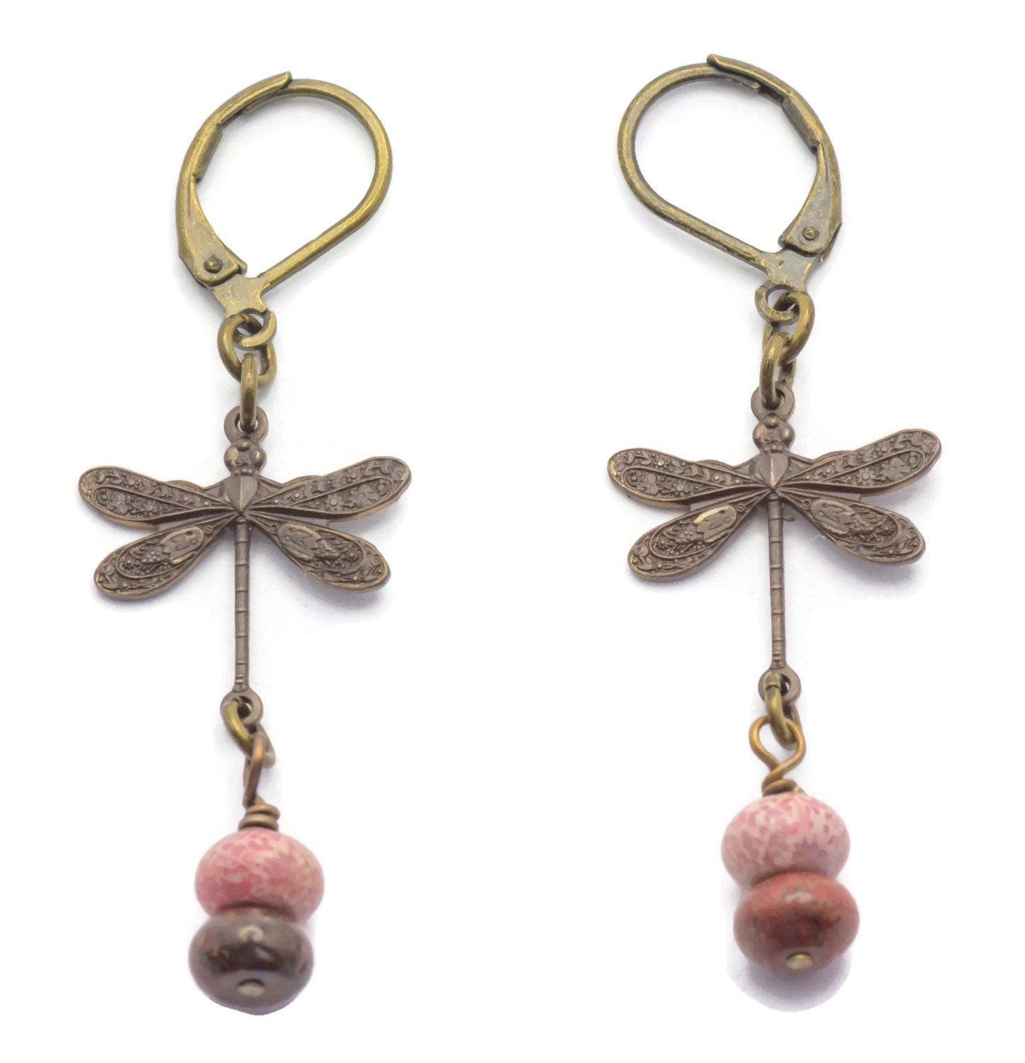 Vintaj Natural Brass Dragonfly and Fossil Coral Leverback Earrings