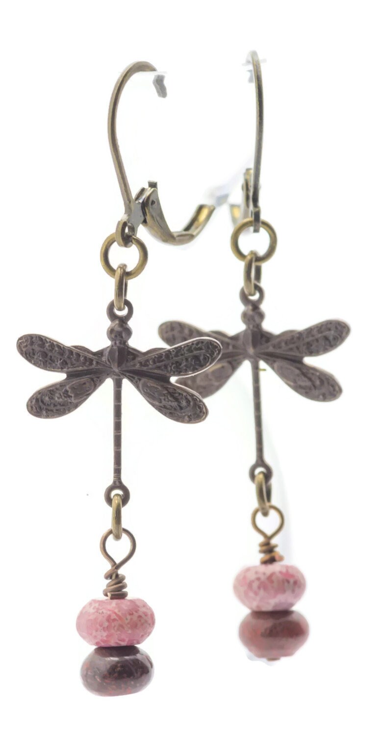 Vintaj Natural Brass Dragonfly and Fossil Coral Leverback Earrings