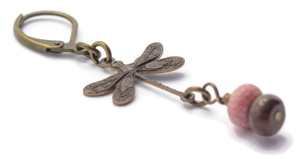 Vintaj Natural Brass Dragonfly and Fossil Coral Leverback Earrings