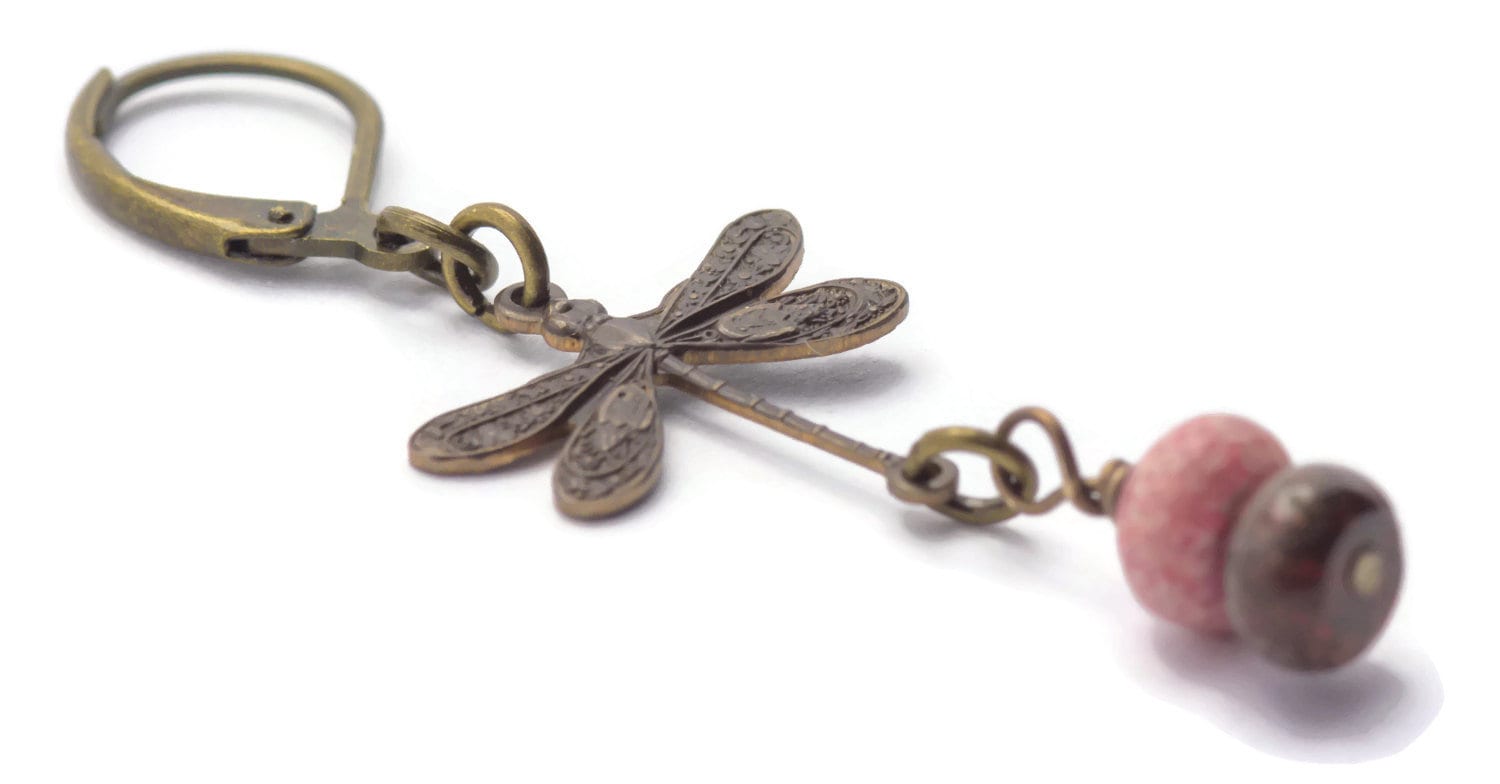 Vintaj Natural Brass Dragonfly and Fossil Coral Leverback Earrings