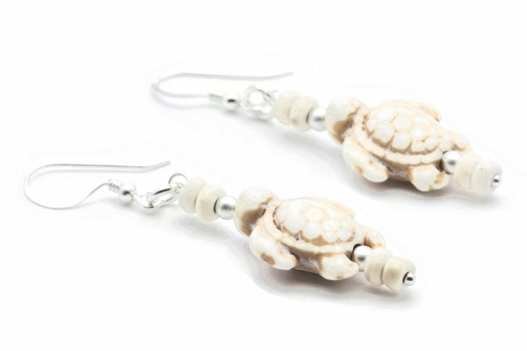Turtle Sterling Silver Drop Earrings, White Stone, Summer Jewelry