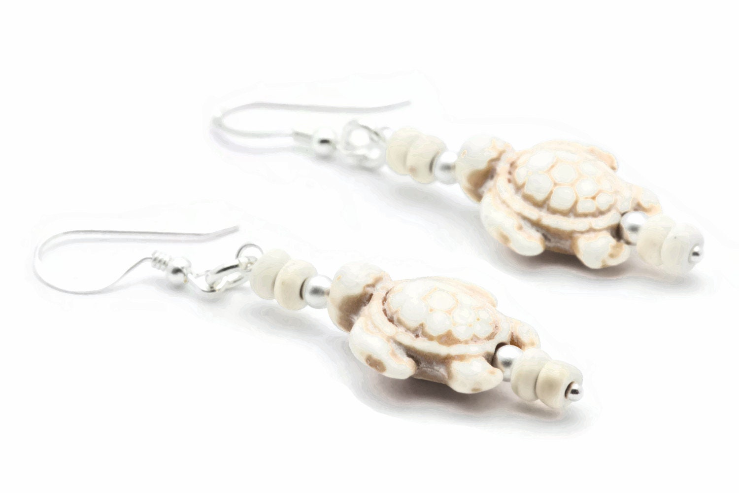 Turtle Sterling Silver Drop Earrings, White Stone, Summer Jewelry