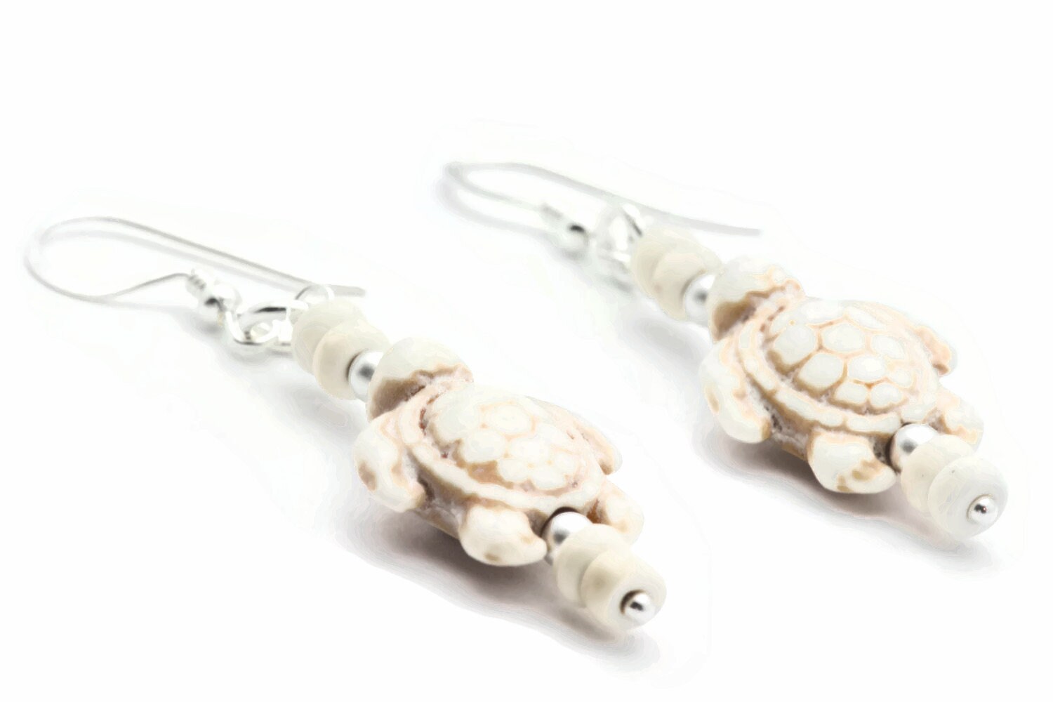 Turtle Sterling Silver Drop Earrings, White Stone, Summer Jewelry