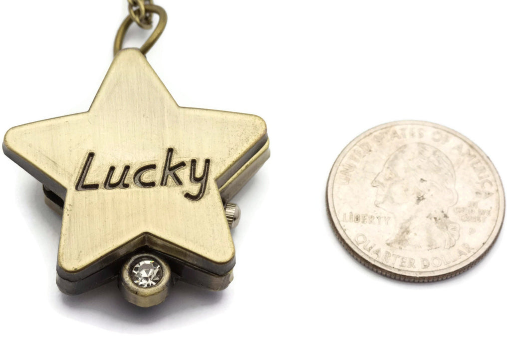 Lucky Star Pocket Watch Necklace, Long Necklace Watch, Bronze Pocket Watch, Ladies Pocket Watch, Necklace Watches