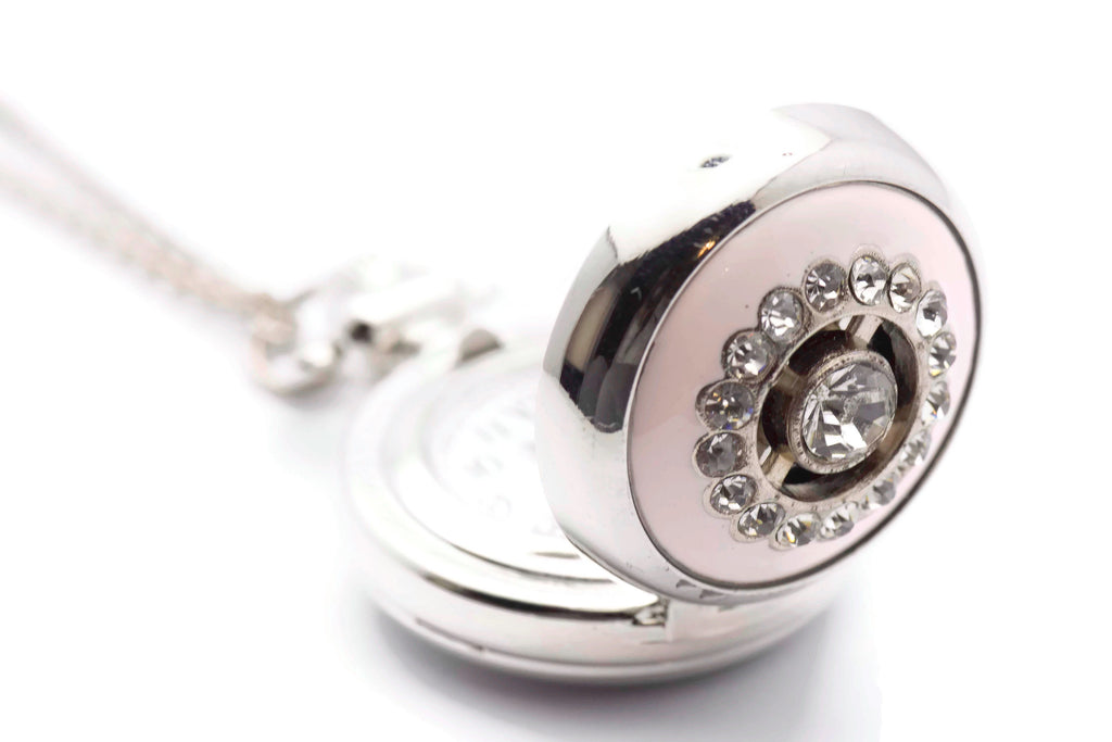 Pink Enamel Sundial, Silvertone Pocket Watch Necklace, Chain Necklace Watch, Long Necklace Watch, Watch Locket Necklace