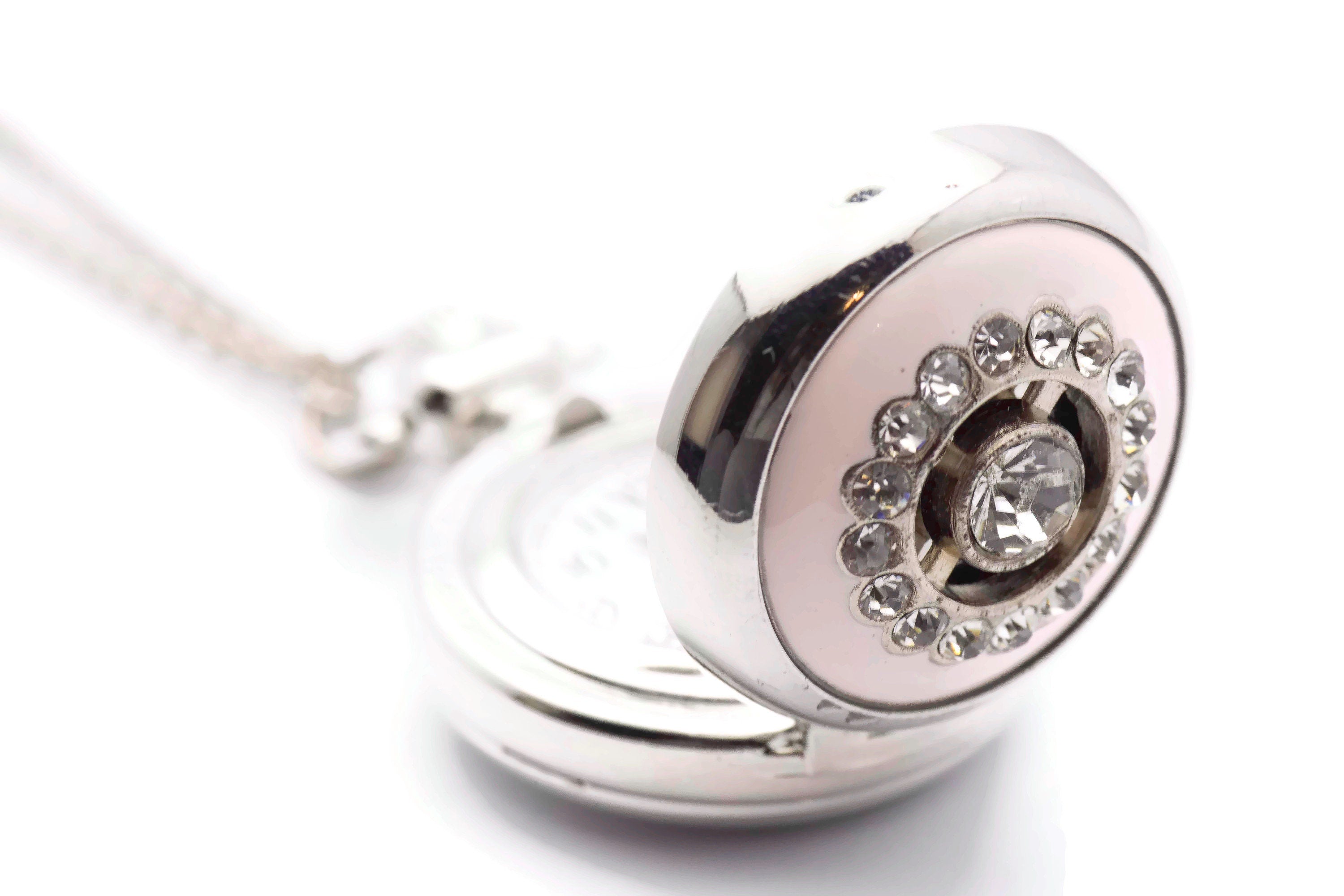 Pink Enamel Sundial, Silvertone Pocket Watch Necklace, Chain Necklace Watch, Long Necklace Watch, Watch Locket Necklace