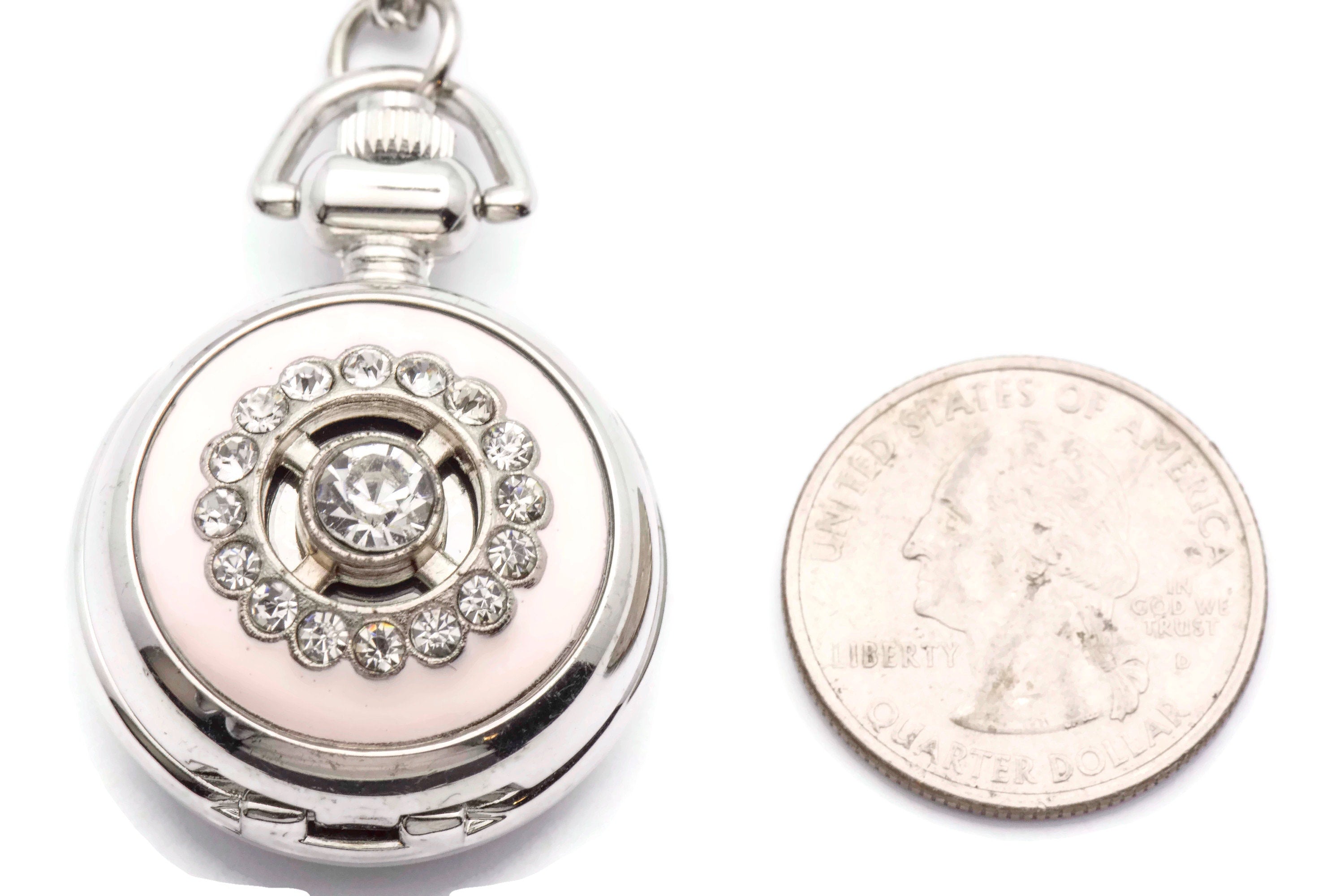 Pink Enamel Sundial, Silvertone Pocket Watch Necklace, Chain Necklace Watch, Long Necklace Watch, Watch Locket Necklace