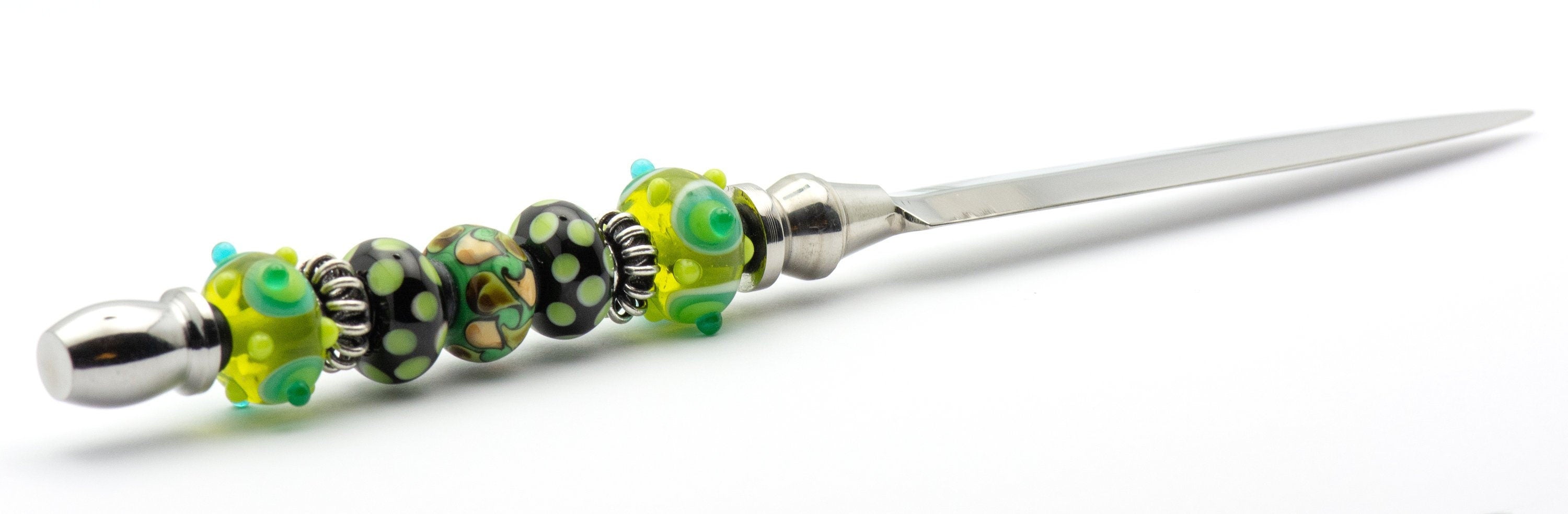 Green Dotted Glass Beaded Silver Letter Opener • Paper Knife • Desk Accessory