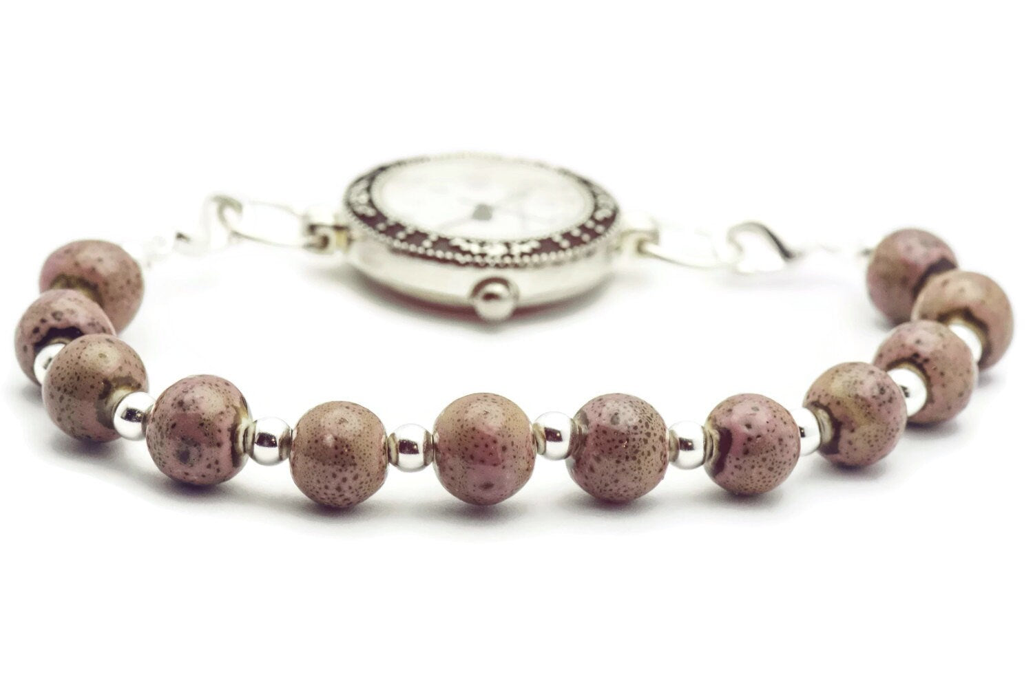 Pink Porcelain Round Stretch Interchangeable Beaded Bracelet Watch Band • Medical ID Bracelet • Watch Band