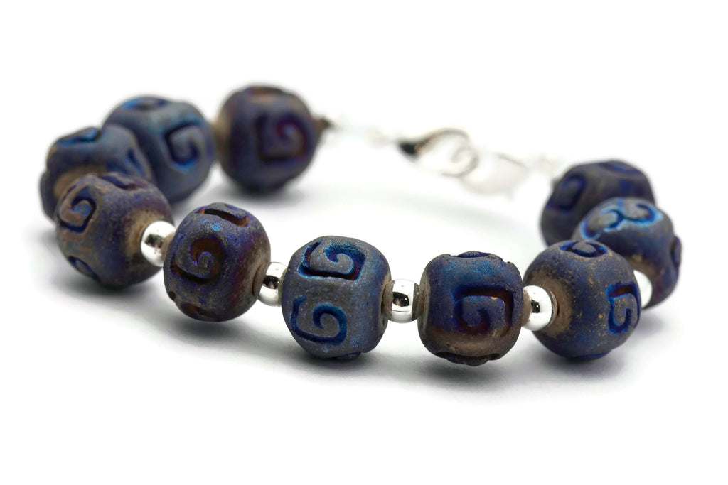 Metallic Blue Ceramic Stretch Interchangeable Beaded Bracelet Watch Band • Medical ID Bracelet • Women's Watch Band