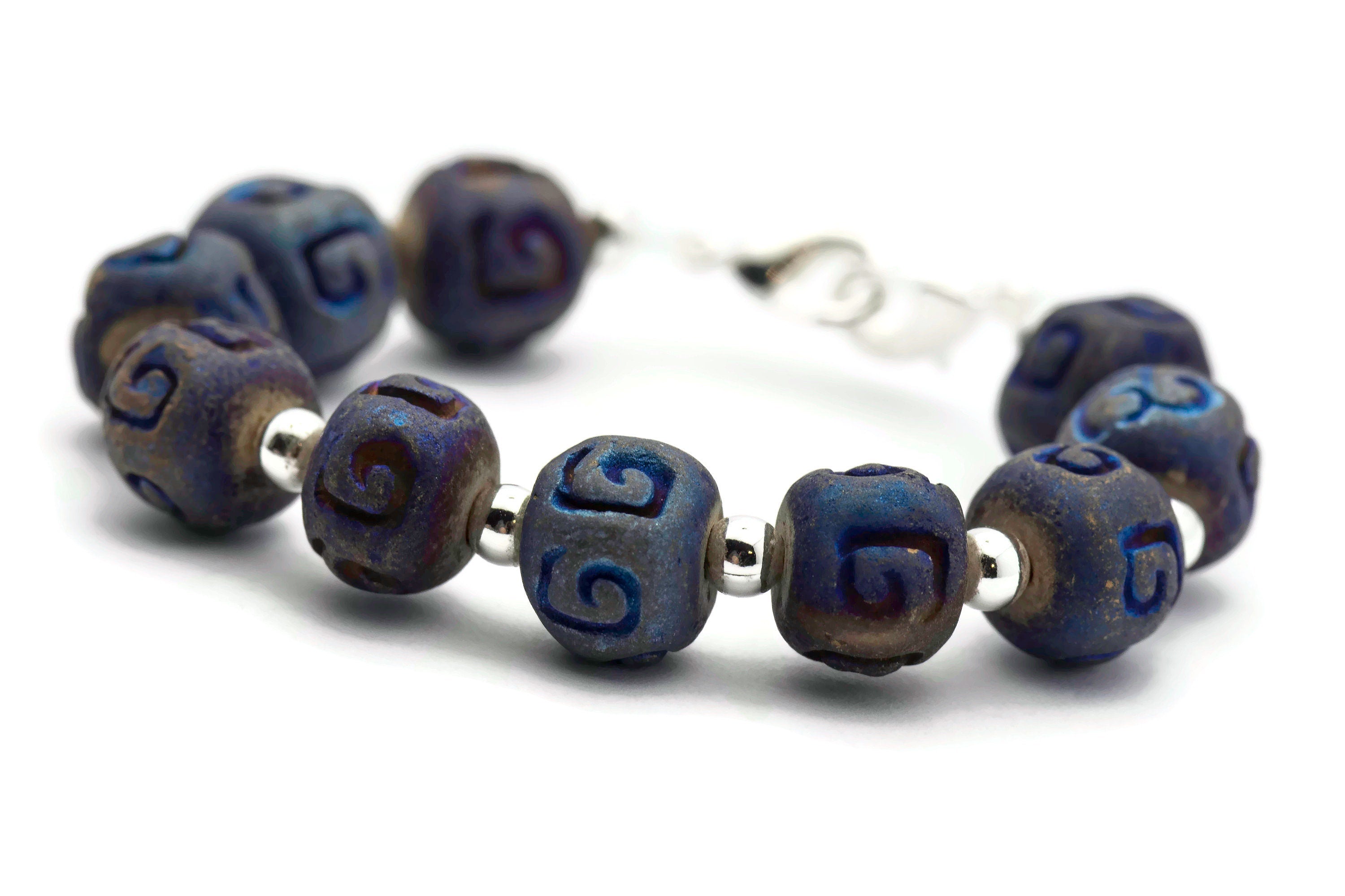 Metallic Blue Ceramic Stretch Interchangeable Beaded Bracelet Watch Band • Medical ID Bracelet • Women's Watch Band
