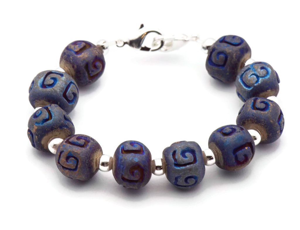 Metallic Blue Ceramic Stretch Interchangeable Beaded Bracelet Watch Band • Medical ID Bracelet • Women's Watch Band