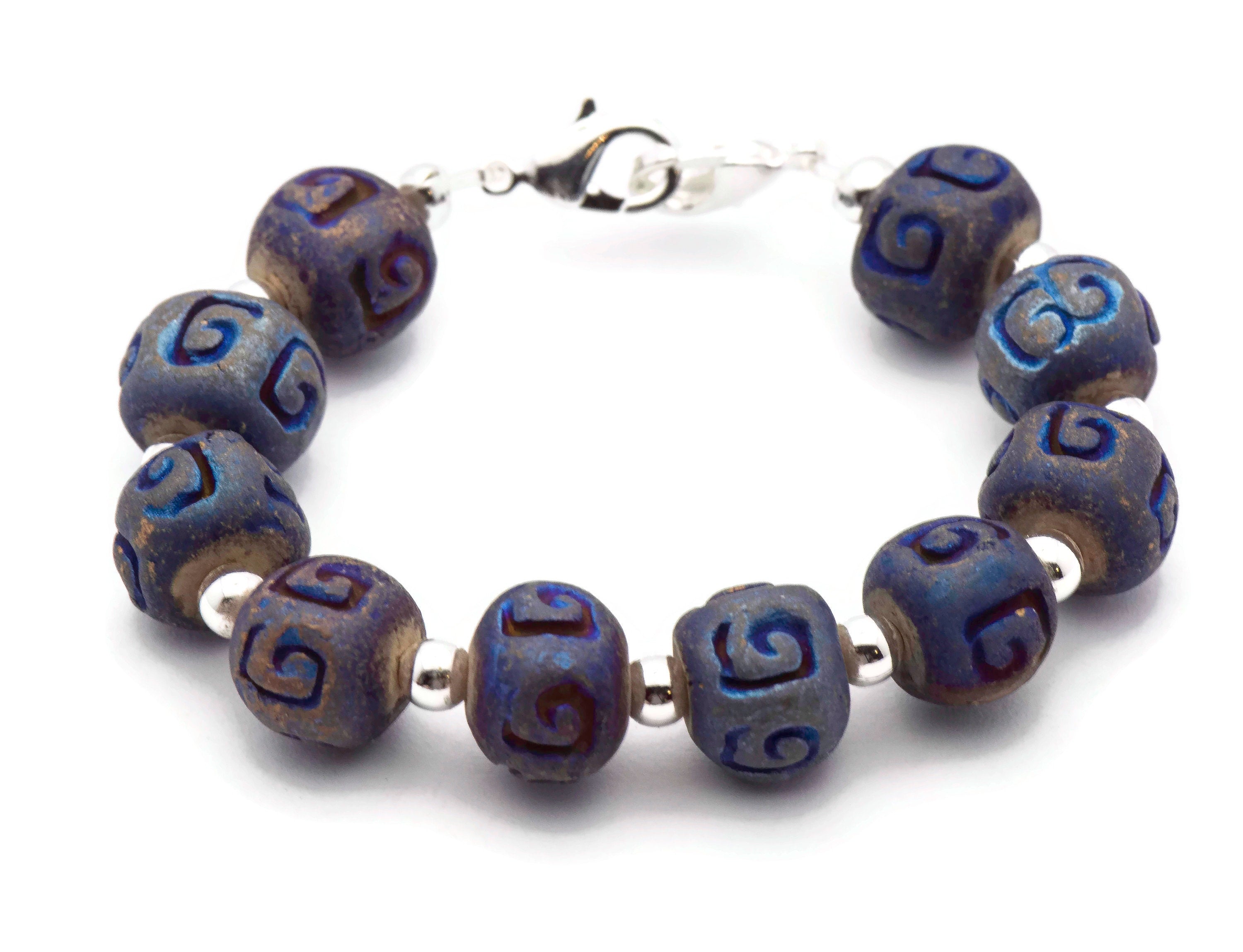 Metallic Blue Ceramic Stretch Interchangeable Beaded Bracelet Watch Band • Medical ID Bracelet • Women's Watch Band