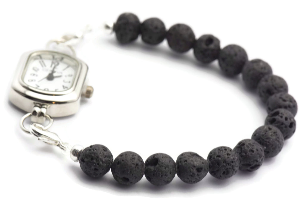 Black Lava Rounds Watch Band • Medical ID Bracelet • Handmade Watch Band • Stretch Watch Band • Essential Oil Jewelry