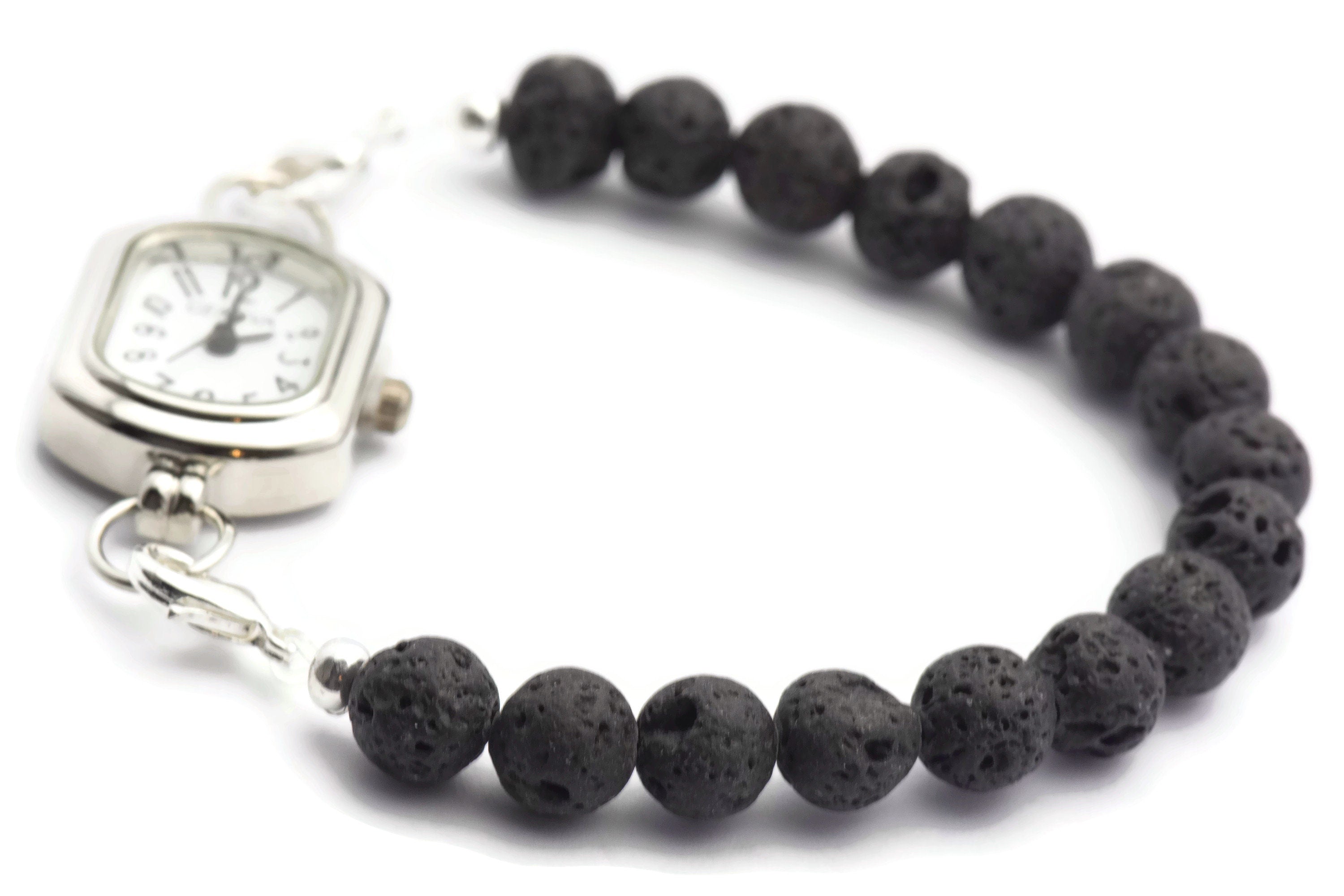Black Lava Rounds Watch Band • Medical ID Bracelet • Handmade Watch Band • Stretch Watch Band • Essential Oil Jewelry